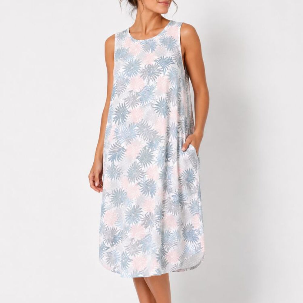 Tahari Women's 2X Tropical Palm Print Sleeveless Shift Dress Pockets Stretch